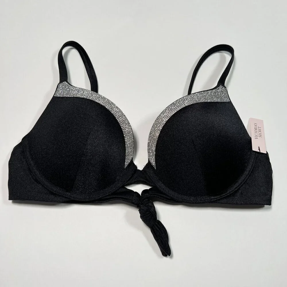 Victoria Secret 36DD VERY SEXY Push Up Bikini Top Shine Trim Back Tie Black